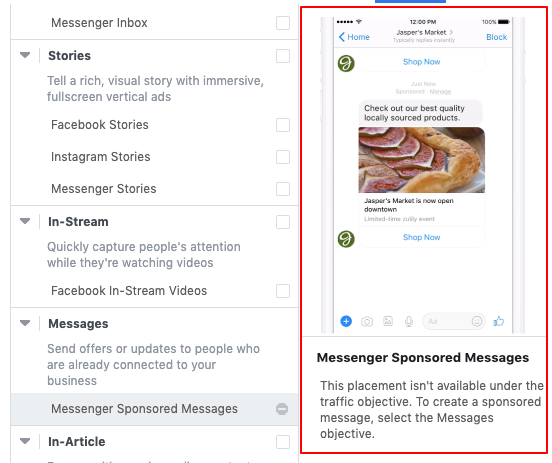facebook sponsored message ad placement