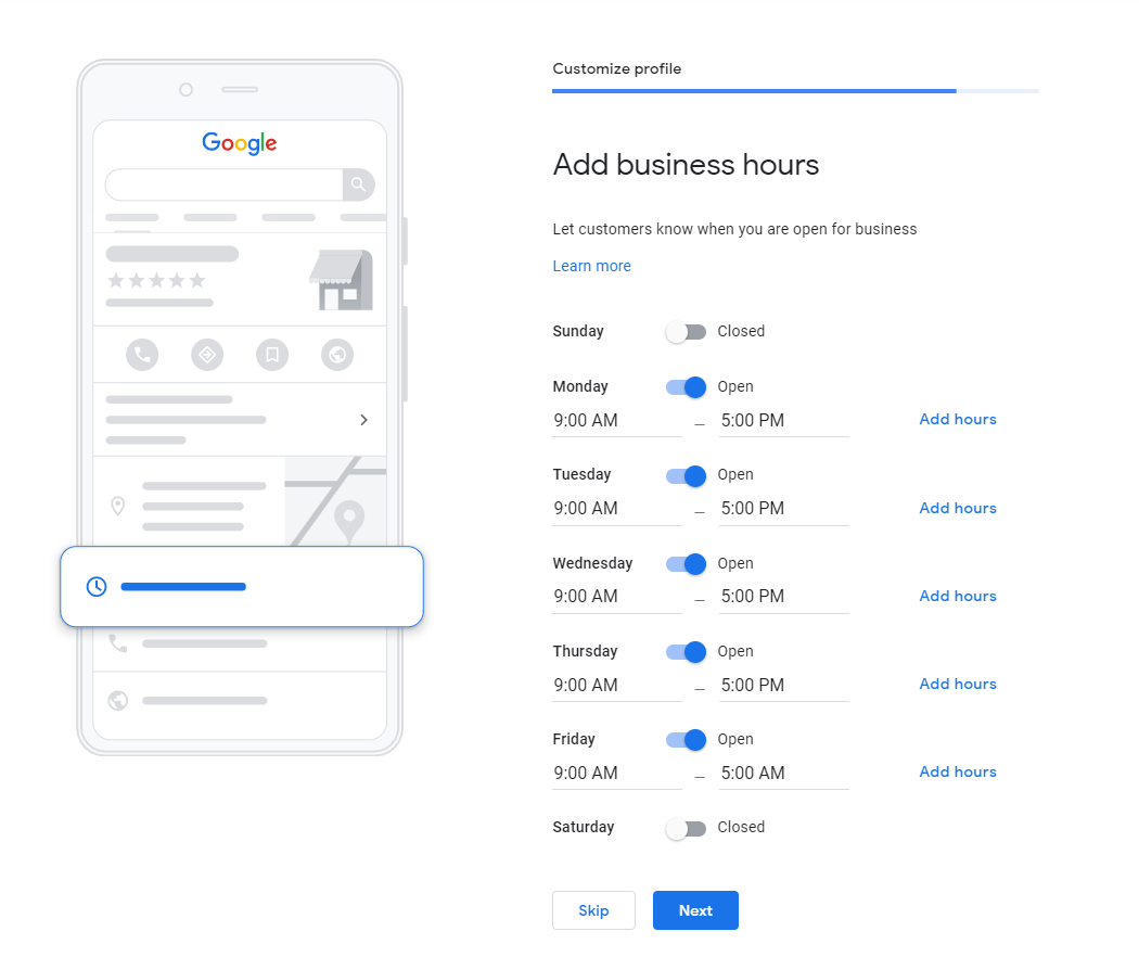 google my business add business hours